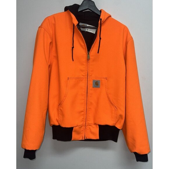 VINTAGE Carhartt Hooded Jacket Mens Medium Orange Blaze Hunting Lined Zip JRW09